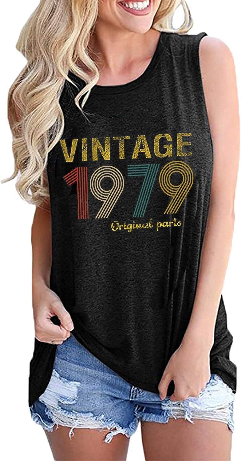 Vintage 1979 Original Parts 40th Birthday Gift Womens Tank Tops Retro Anniversary Cute Funny Summer Casual Vest Tees