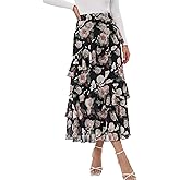 DERAX Women's Floral Boho Midi Skirt A Line Tiered Ruffle Chiffon High Waist 2026 Spring Summer Long Skirts