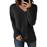 Cicy Bell Womens Long Sleeve Tops Trendy V Neck Ribbed Lightweight Shirts Dressy Casual Loose Fit Blouses