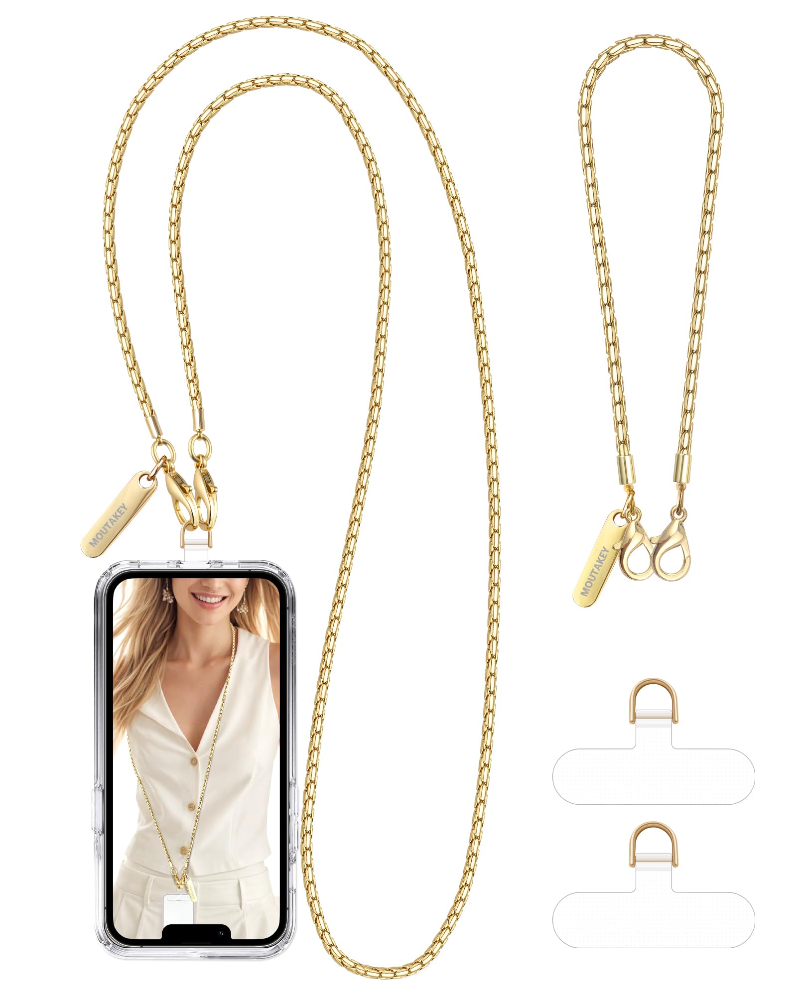 Photo 1 of MOUTAKEY Metal Cell Phone Chain Set Detachable iPhone Chain Strap Fits All Phones Crossbody Phone Lanyard*1 Phone Wrist Strap*1 with 2 Tether Tabs iPhone Wristlet For Women Travel Shopping Camping