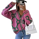 Women's Color Blocking V-Neck Fashionable Loose Sweater Cardigan Long Sleeve Geometric Oversized Knit Sweater Coat