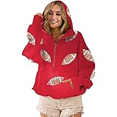 Xunger Women's Football Sequin Hoodie Half Zip Long Sleeve Rugby Patches Game Day Hooded Sweatshirt