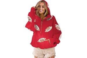 Xunger Women's Football Sequin Hoodie Half Zip Long Sleeve Rugby Patches Game Day Hooded Sweatshirt