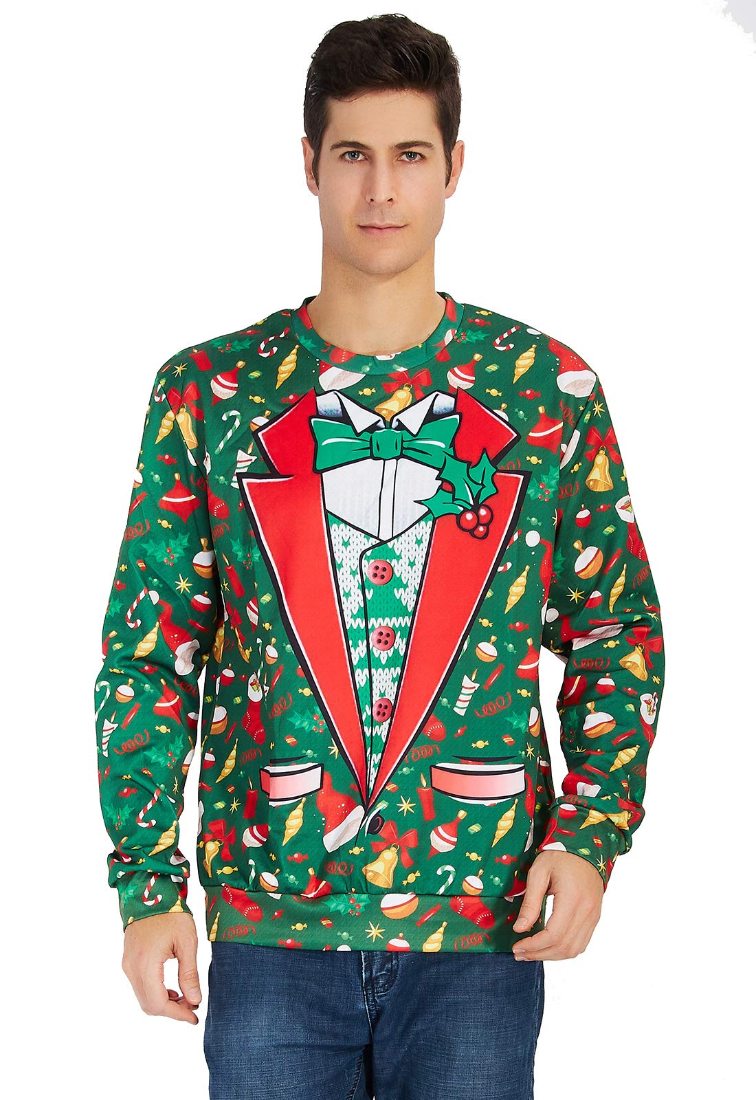 TUONROAD Ugly Birthday Christmas Sweatshirt Hilarious Fake Red White Suit Cardigan Green Bow Tie Small Gold Bells Balls Funny Xmas Holiday Party Santa Women Men Long Sleeve Pullover Sweater