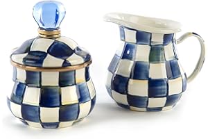 MACKENZIE-CHILDS Enamel Creamer and Sugar-Bowl Set, Cream Dispenser and Sugar Holder, Unique Kitchen Decor, Blue-and-White Royal Check