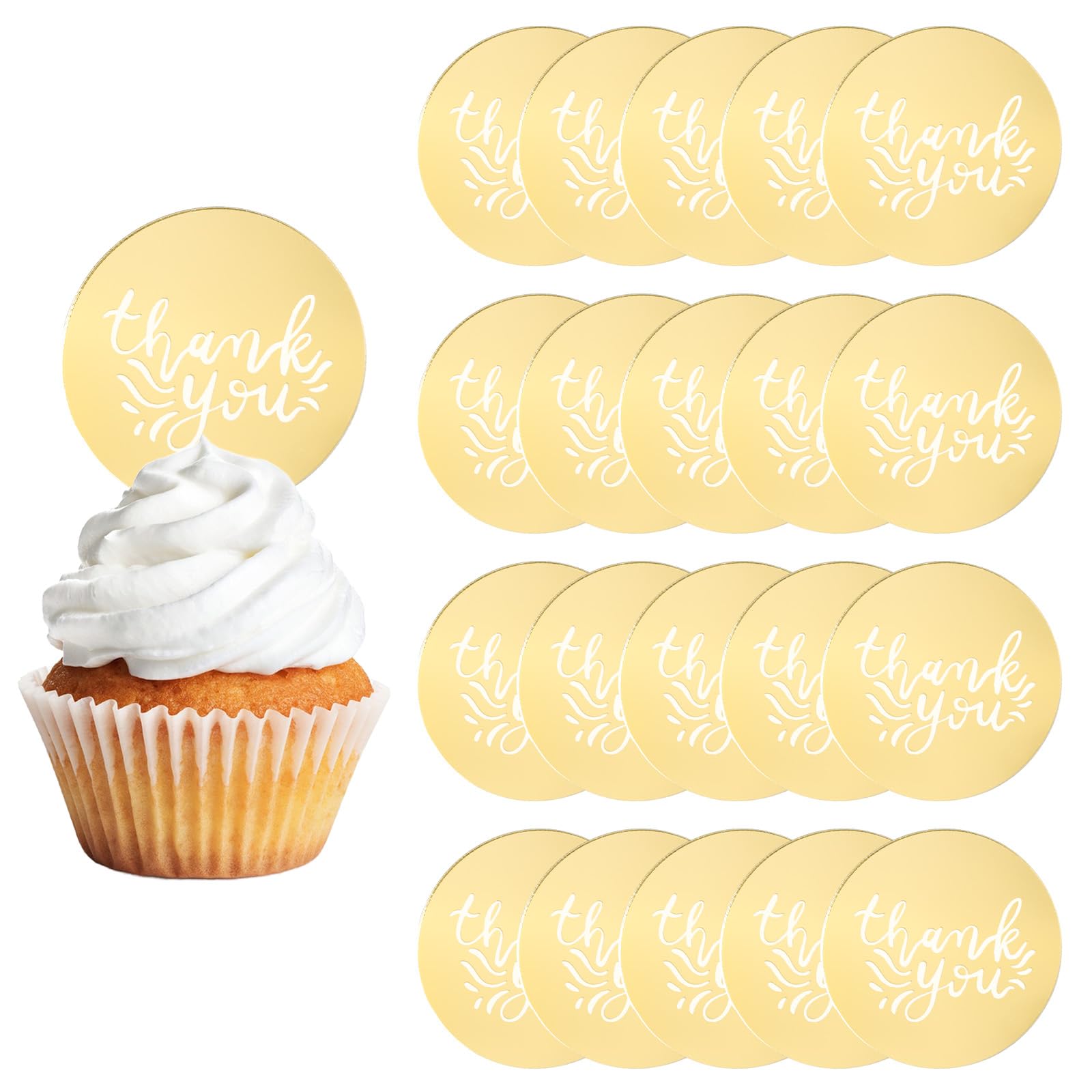 URROMA 20 PCS Acrylic Cupcake Toppers - Round Thank You Cake Discs Mirror Cake Picks Engraved Personalized Cake Topper Charm (style7, 20pcs)