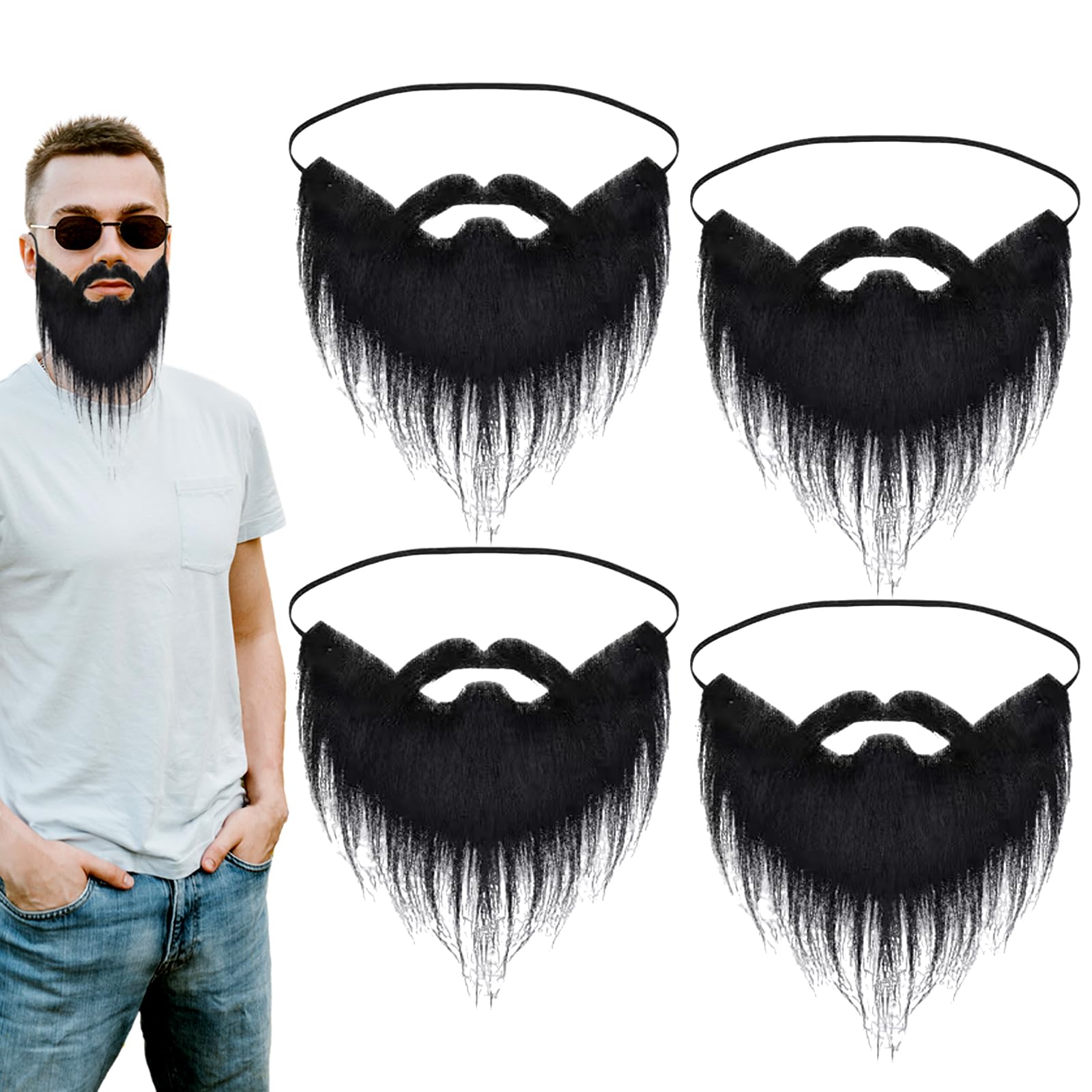 EUPSIIU 4 Pack Party Fake Beard, Facial Novelty Mustache Prop, False Beard Adjustable Elastic Rope for Festival Party Costume, Masquerade Party, Men Kids Gatherings Cosplay Supplies (Black)