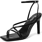 Mostrin Black Strappy Heels for Women Square Open Toe Lace Up Heeled Sandals Ankle Strap Sexy Stiletto High Heels for Party, Prom, Dating Size 10