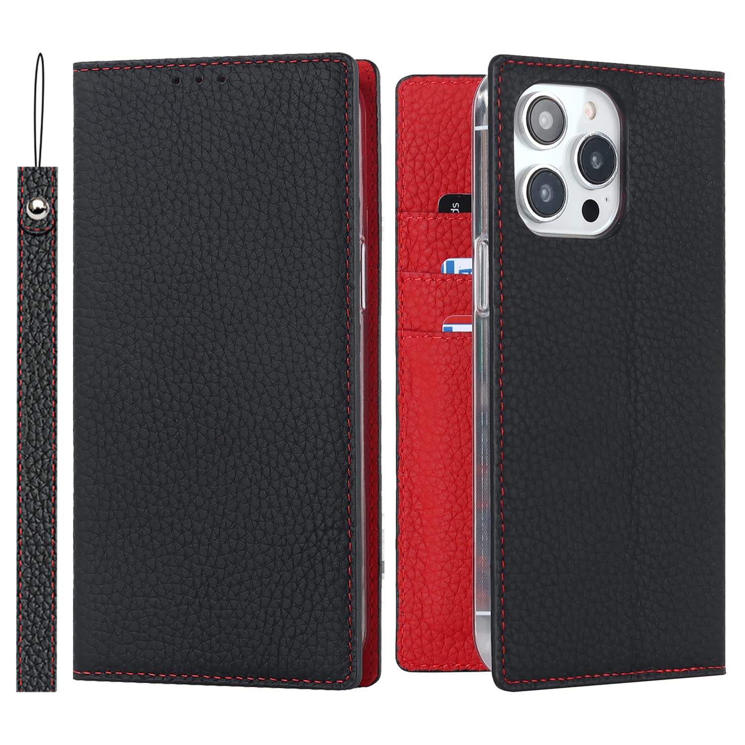 Cavor Phone Case Compatible for iPhone 14 Pro,Genuine Leather Flip Wallet Case,[3 Card Holders][Magnetic Closure][RFID-Blocking][Lanyard],Protective Case Cover for iPhone 14 Pro - Black — image 1