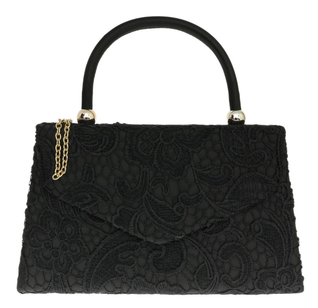 Girly Handbags Womens Lace Satin Top Handle Clutch Bag - Black