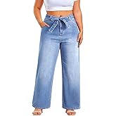 Eytino Plus Size Wide Leg Jeans for Women Elastic High Waist Stretchy Belted Denim Pants with Pockets(1X-5X)