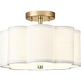 Audickic Gold Semi Flush Mount Ceiling Light, 3-Light 12.5" Ceiling Lighting Fixtures with Fabric Shade in Flower Shape, Farm
