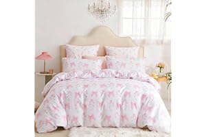 CCoutueChen Duvet Cover Queen 3Pcs Pink Floral Bow Bedding Set for Girls Kids, Romantic Princess Style Bowknot Bedding, Ultra Soft Reversible Garden Flower Duvet Cover Set(2 Pillowcases,No Comforter)