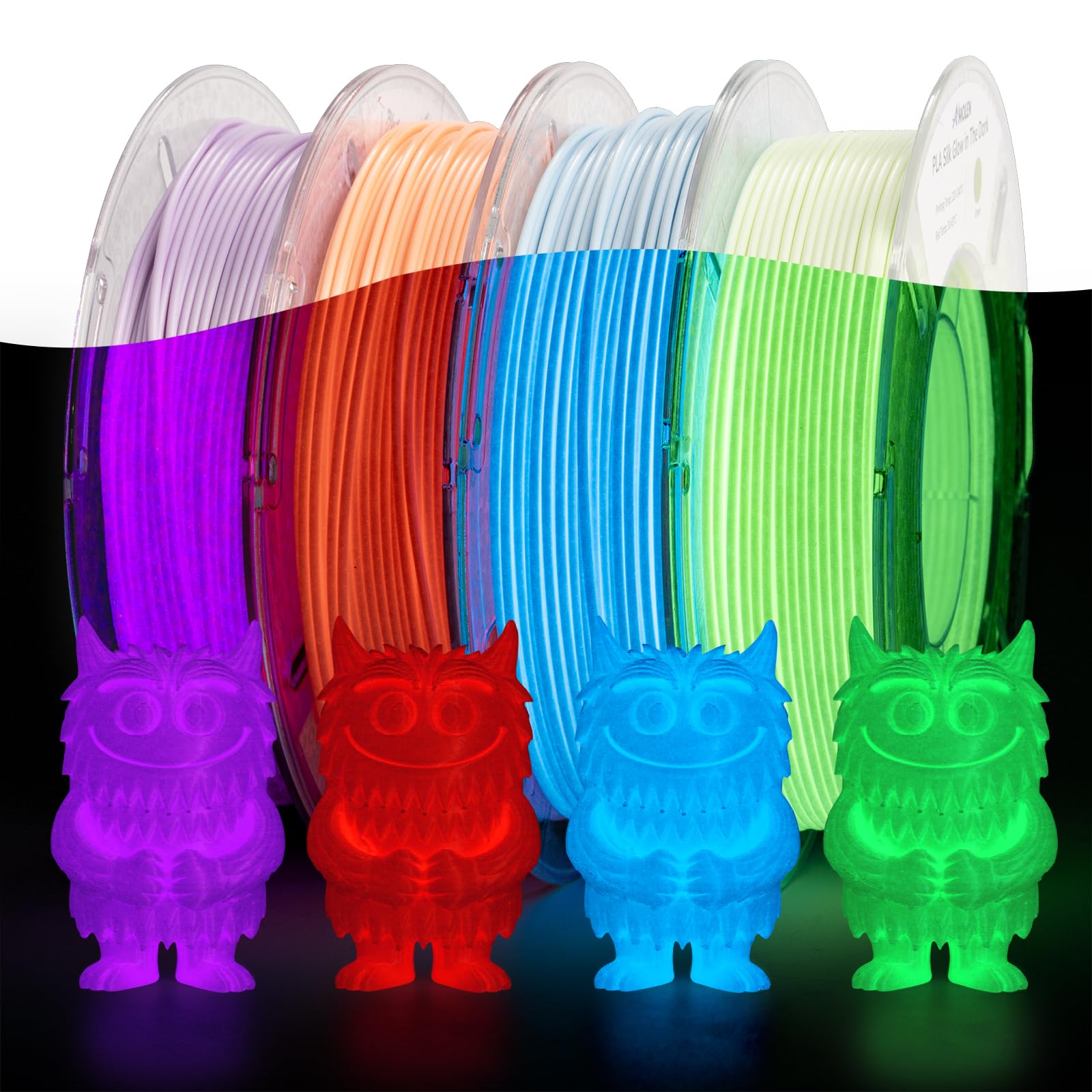 Photo 1 of AMOLEN Silk Glow in The Dark Filament Multicolor, Glow Filament Silk Green, Silk Blue, Silk Purple, Silk Orange Red 1.75mm PLA Filament, Dimensional Accuracy +/- 0.02 mm, 200g X 4 Pack