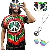 XonyiCos Hippie Costume for Men Women 60s and 70s colorful T-shirt sunglasses headband Peace necklace 4-piece theme party