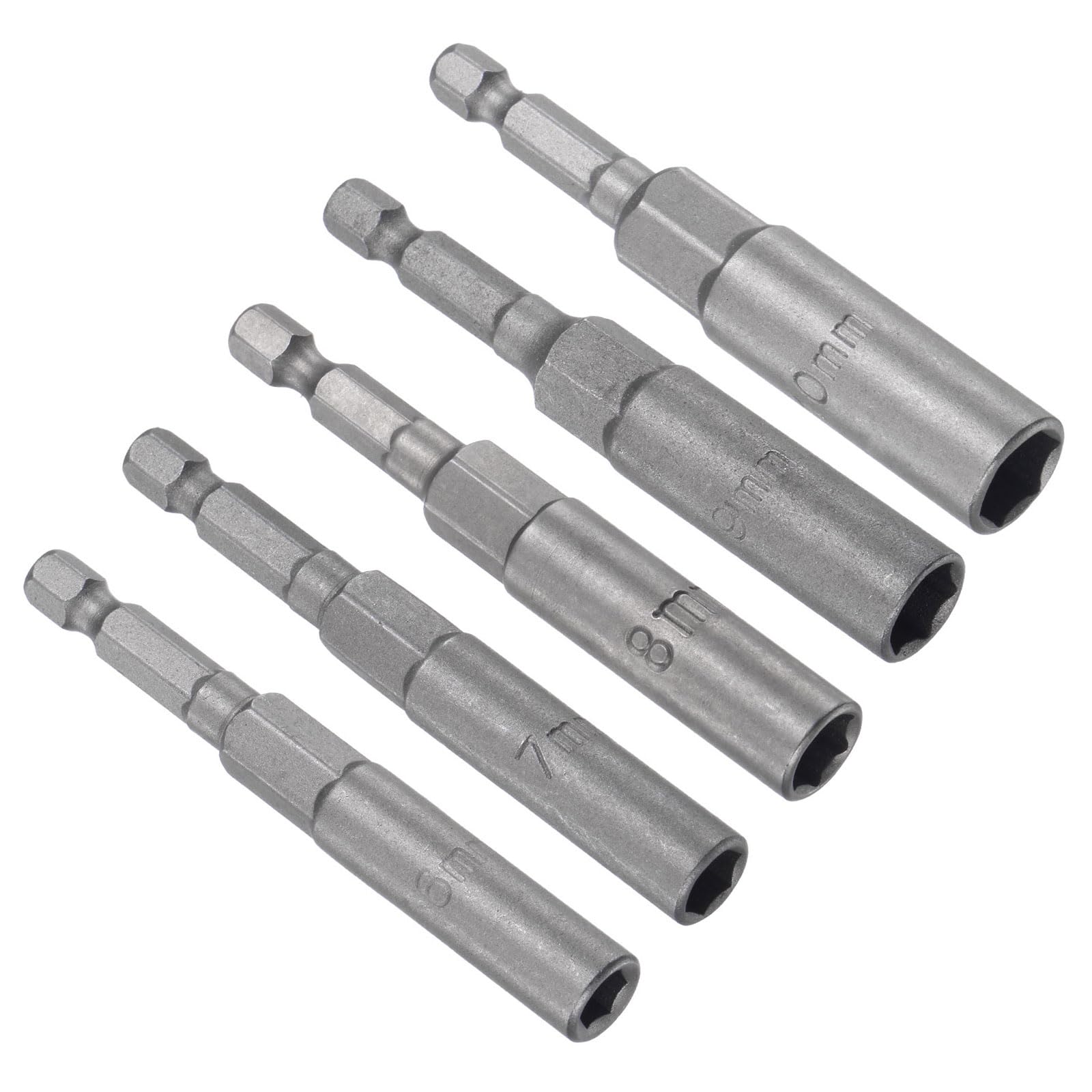 CoCud Quick-Change Nut Setter Driver Bit, 6/7/8/9/10mm Metric 80mm Length 1/4" Shank, CR-V No-Magnetic Straight Shank Setter Drill Bits - (Applications: for Auto Repair) - 5pieces