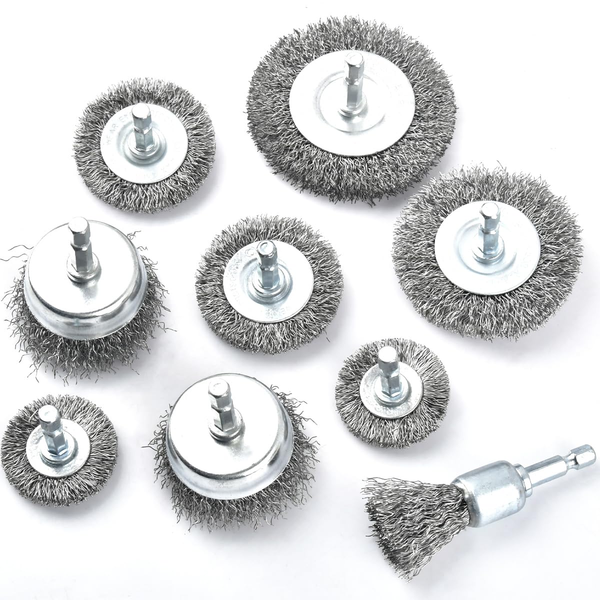 CENBEN 9PCS Wire Brush Wheel Cup Brush Set, 1/4 Inch Hex Shank Coarse Carbon Steel Wire Wheel for Cleaning Rust, Stripping and Abrasive, Wire Brush Drill Attachment