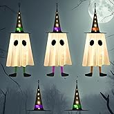 Set of 5 Halloween Hanging Ghosts Decorations Outdoor Hanging Ghosts with Witch Hat Battery Operated Glowing Ghost Witch Hat Lights Holiday Decor for Yard Patio Garden Tree Outside(5 Lighted)
