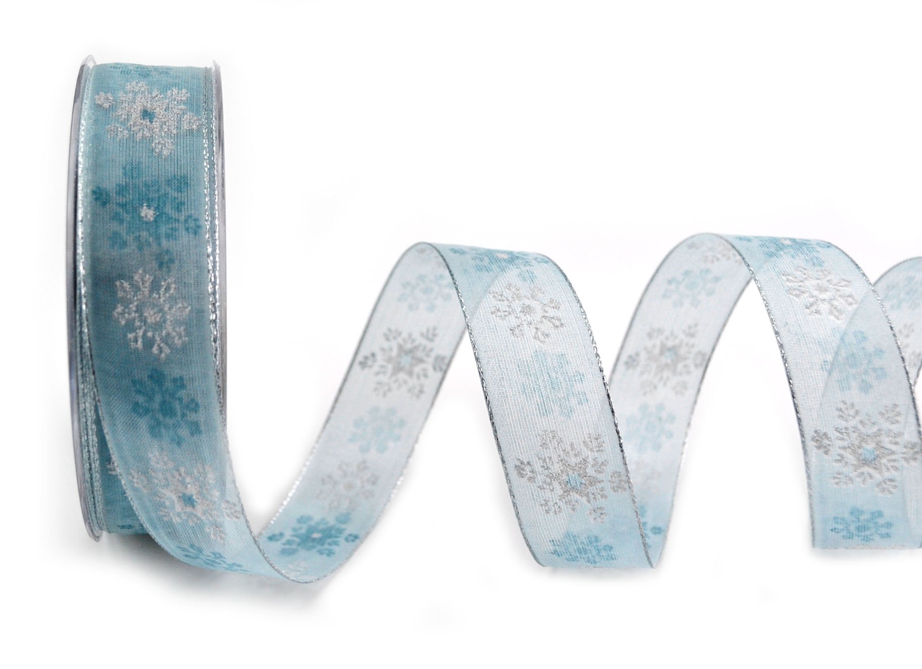 Deko Angels Decorative Ribbon Wonder SnowflakesLight Blue/Silver 20 m x 25 mm Gift Ribbon Christmas Winter Decorative Ribbon Chiffon Ribbon Snowflakes Stars Shiny Edges with Wire