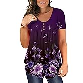 BeadChica Women's Plus Size Tunic Tops Casual Flowy Tshirts Ruched Botton Up Short Sleeve Blouses-Floral-XL Purple