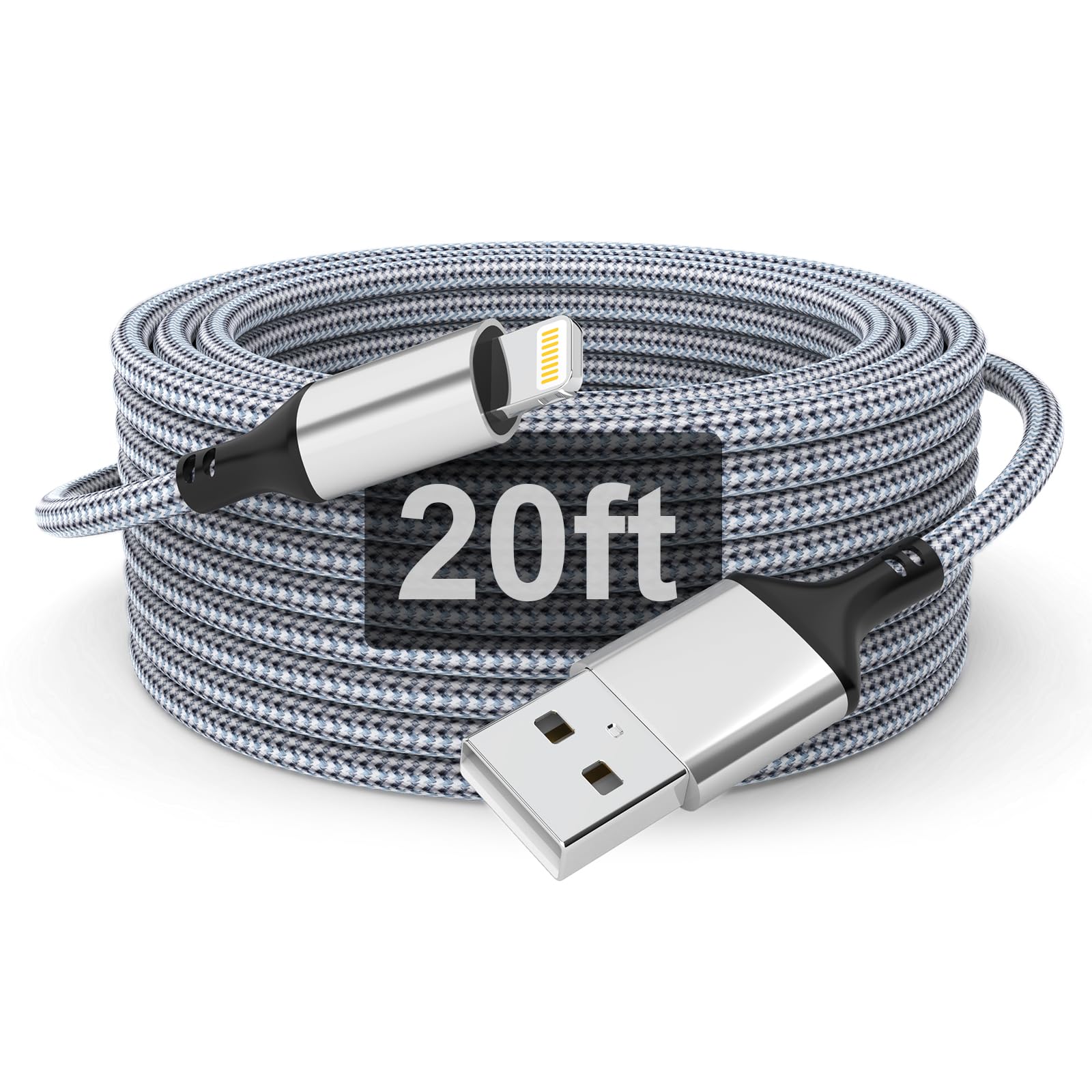 Photo 1 of 20 FT Extra Long iPhone Charger Cord [Apple MFi Certified] Braided iPhone Charger Fast Charging USB to Lightning Cable for iPhone 14/13/12/11, iPad - Gray