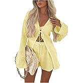 MakeMeChic Women's Y2k Two Piece Sets Bell Sleeve Tie Front Tops and Wide Leg Shorts Set