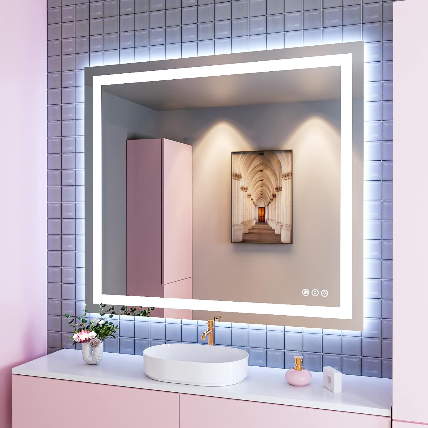 Mirrors - Amorho LED Bathroom Mirror 40''x 36'' with Front and Backlit, Stepless Dimmable Wall Mirrors with Anti-Fog, Shatter-Proof, Memory, 3 Colors, Double LED Vanity Mirror (Horizontal/Vertical)