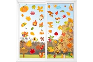 GEOSOO Fall Window Clings Autumn Maple Leaf Window Static Stickers Double-Sided Leaves Pumpkin Turkey Window Door Cling Removable Reusable Window Stickers Thanksgiving Party Window Door Decor