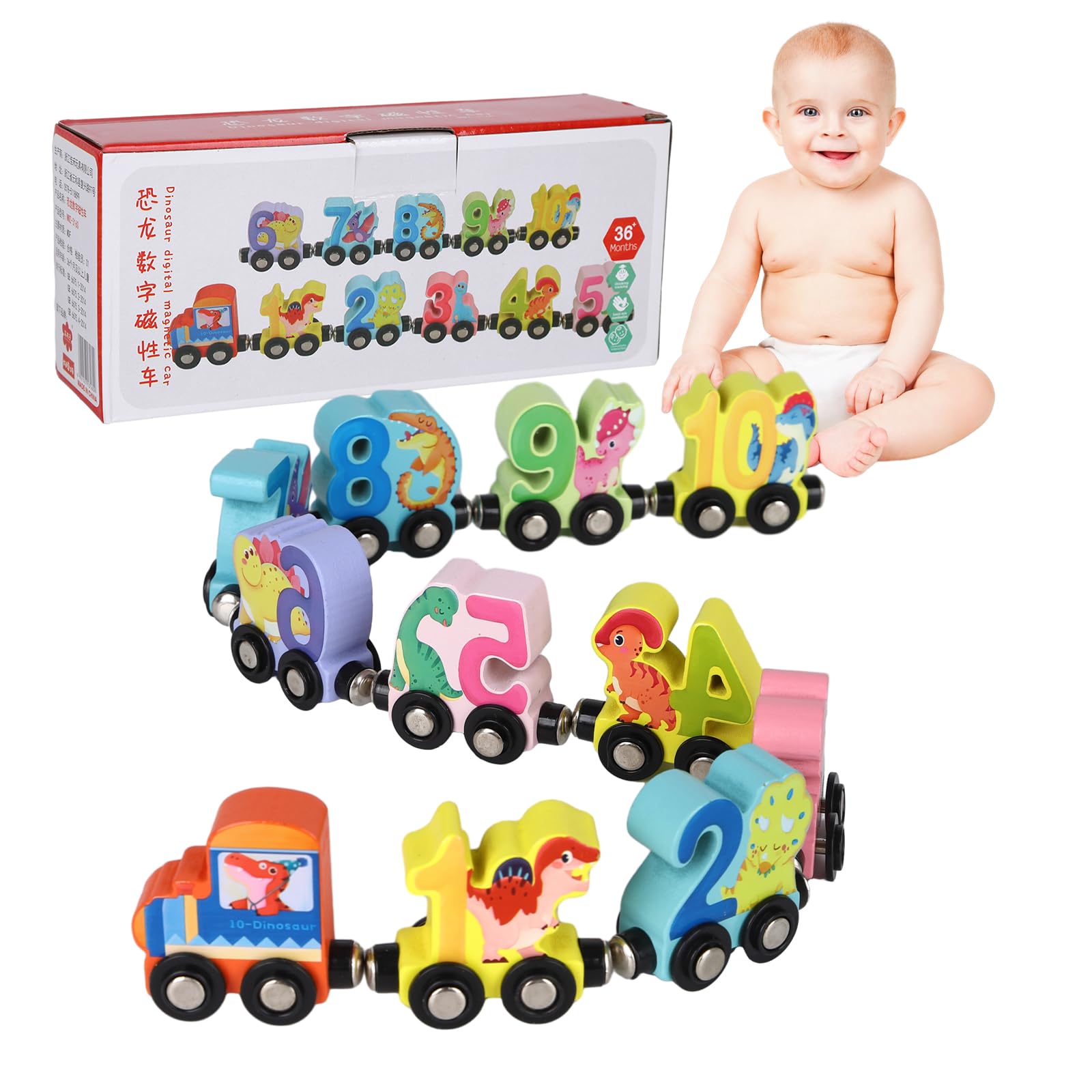 Dinosaur Wooden Train Set, 11 Pack Magnetic Number Train Toys for 2-5 Year Olds, Educational Learning Toys for Kids