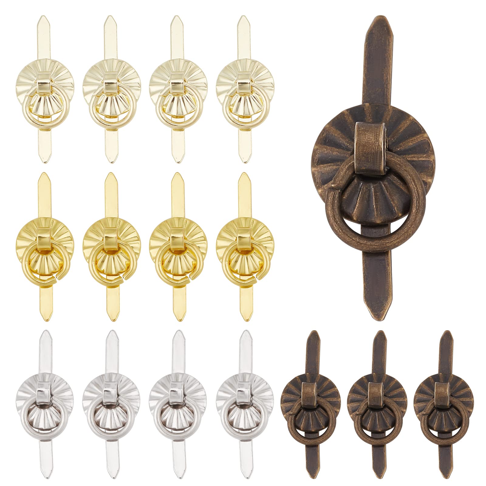 GORGECRAFT 80PCS 4 Colors Metal Brads Fasteners Mini Brad Paper Fasteners with Pull Rings Scoreboard Drawer Handle Ring for Kitchen Bathroom DIY Decoration Crafts(Antique Lime+Gold+Light Gold+Silver) — image 1