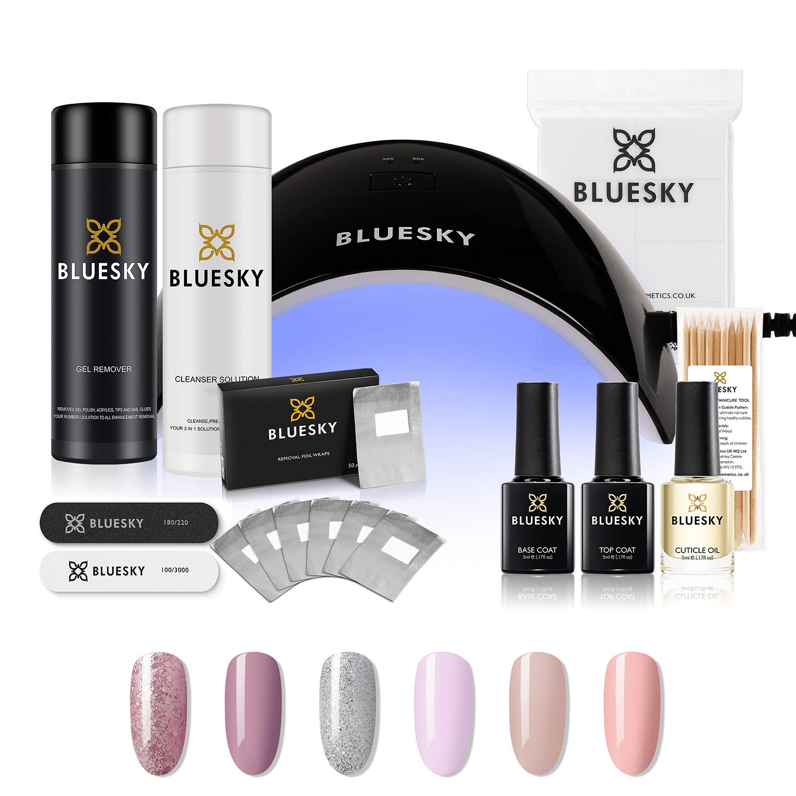 Bluesky Gel Nail Polish Starter Kit with Professional 24W Uv Led Lamp, Top & Base Coat, 6 Colours, Pink, Silver, Peach, Glitter Cleanser& Acetone Remover, Wipes, Wraps, Cuticle Oil, File & Buffer