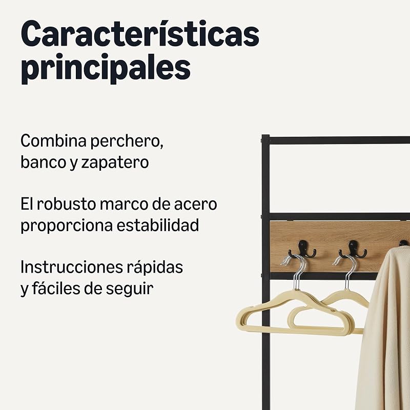 , Banco de Entrada con Ganchos, Perchero, Perchero, Arbol de Pasillo con Almacenamiento de Zapatos, 34 x 72 x 182 cm, Roble