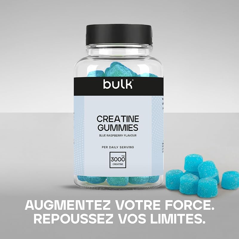 Bulk Gummies de Créatine 1 000 mg par Gummy, Framboise Bleue, 60 Gummies, Créatine pour la Performance Sportive, Force et Puissance, Format Pratique, Faciles à Consommer
