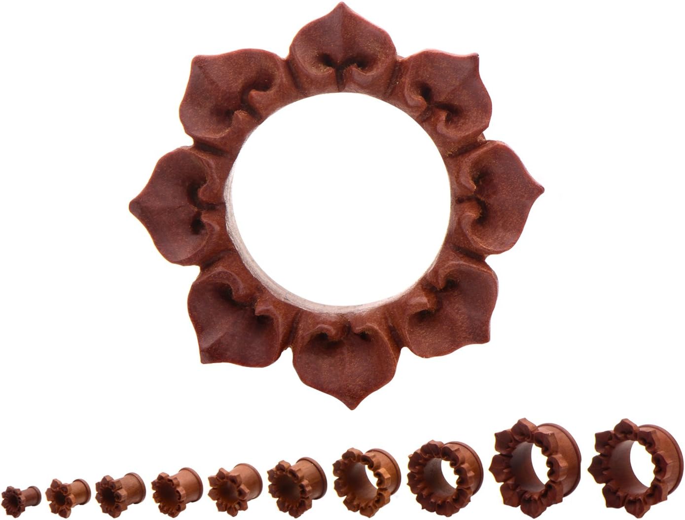 Hand Carved Lotus Flower Double Flared Red Saba Wood Tunnels - Sold as a Pair - Available in Sizes from 0G (8mm) to 1" (25mm)
