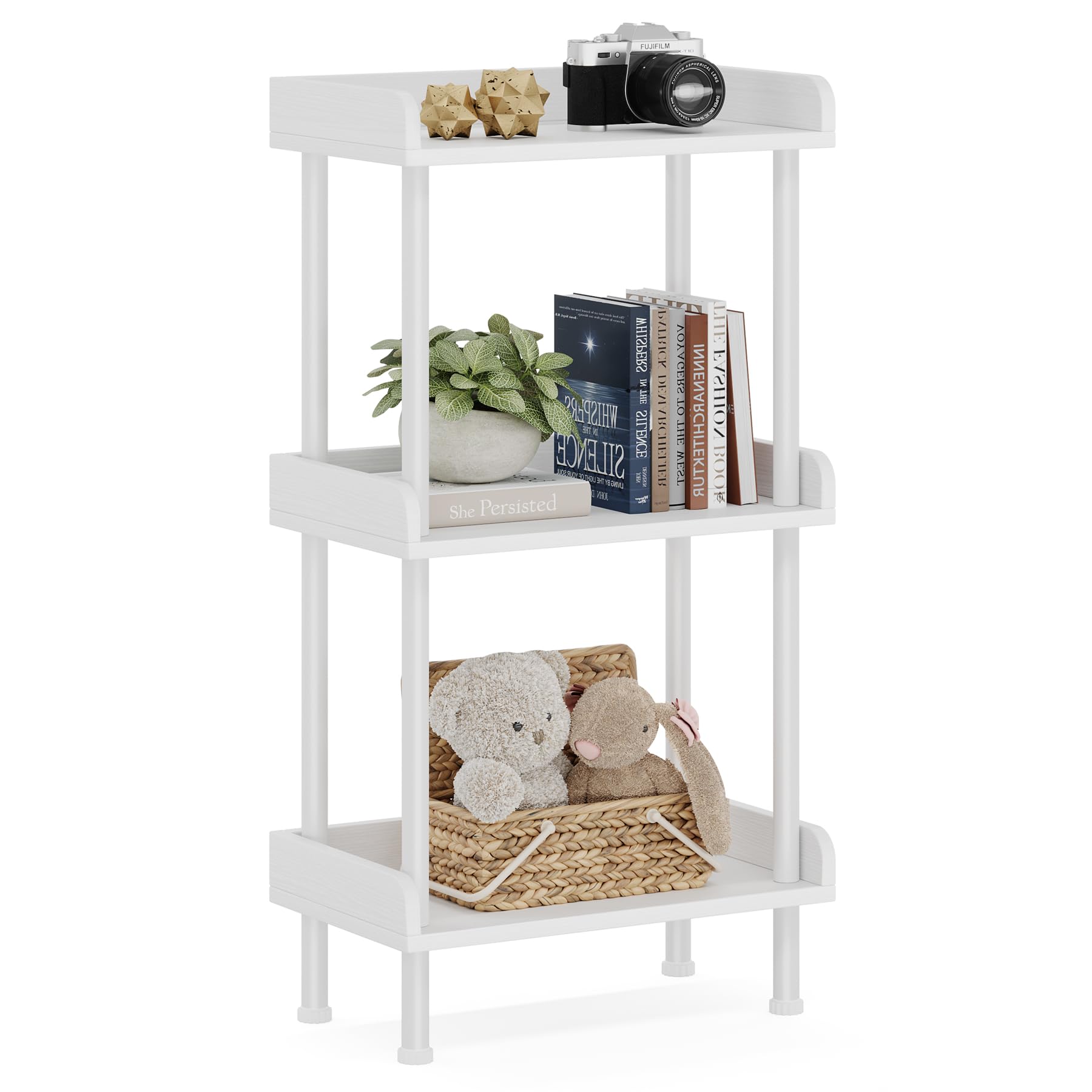 Photo 1 of Hosfais 3 Tier Wood Bookcase Industrial Bookshelf with Edge Protection Metal Standing Book Shelves Display Book Rack for Living Room Bedroom Home Office (White)