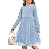 Yousify Girls Ribbed Tutu Dress Kids Long Sleeve Star Sequin Tulle Dress Birthday Party Dresses 5-14 Years