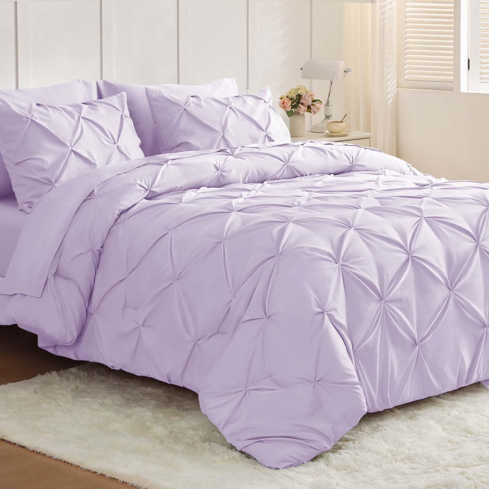 JOLLYVOGUE California King Comforter Set 7 Pieces - Bed in a Bag Cal King for All Season, Pintuck Bedding Comforter Sets with Comforter, Flat Sheet, Fitted Sheet and Pillowcases & Shams, Light Purple Image