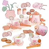 Wooden Tea Set for Little Girls, Pretend Play Tea Party Set Toy with 27 PCS Play Kitchen Accessories, Princess Tea Set Toy, Birthday Gift for Kids 3-5 Years Old, Improve Imagination