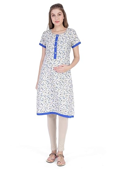 Women's Cotton Parmesan Beige & Prussian Blue Maternity/Feeding Kurti