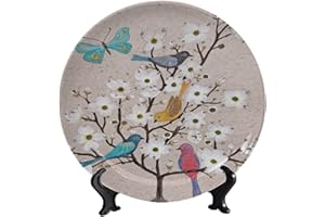 LIGUTARS Flowers and Birds Ceramic Decorative Plate, 8 Inch, Bird and Butterfly on White Flower Ceramic Decorative Plate with Vertical Stand for Dining Table Tabletop Party Kitchen Home Decor Gift