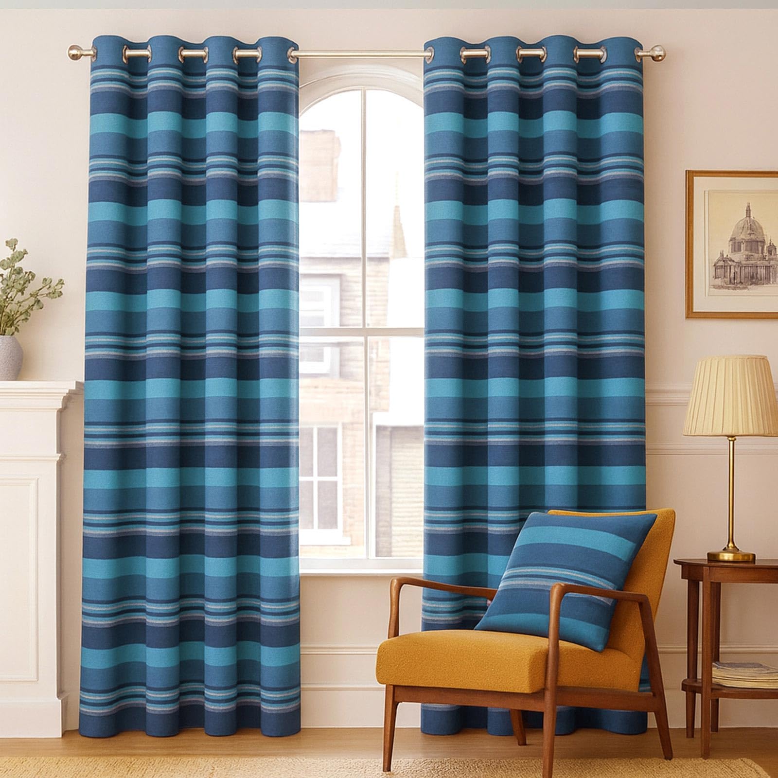 HOMESCAPES Blue Eyelet Curtain Pair 167cm (66") Wide x 182cm (72") Drop Morocco Stripe Design Ring Top Curtain Pair
