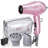 DAN Technology Travel Hair Dryer,Dual Voltage HairDryer,Mini Blow Dryer with Concentrator,Small Hair Dryer with Diffuser,European hairdryer with European Plug,Pink Blow Dryer for Women
