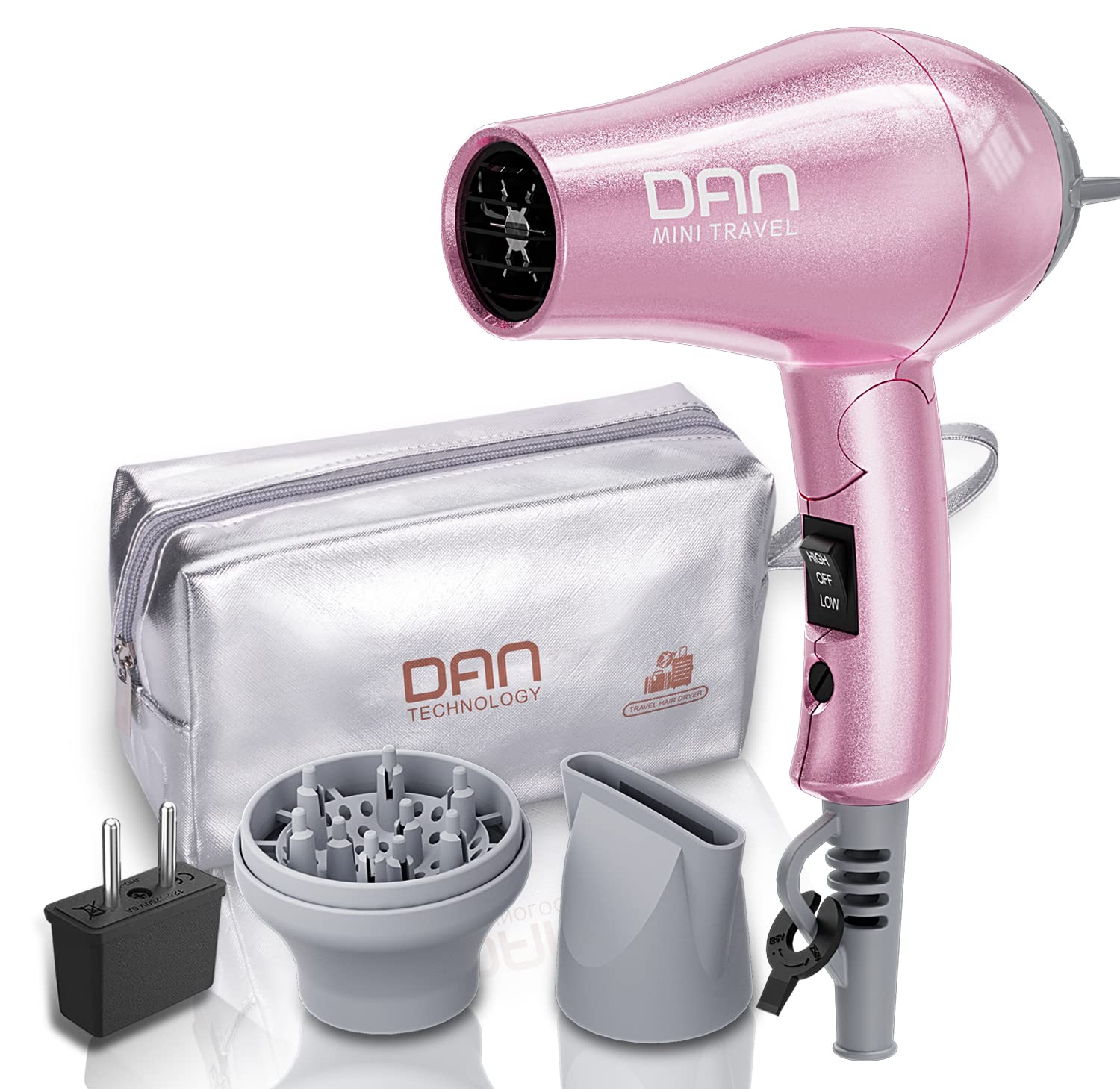 Photo 1 of DAN Technology Travel Hair Dryer,Dual Voltage HairDryer,Mini Blow Dryer with Concentrator,Small Hair Dryer with Diffuser,European hairdryer with European Plug,Pink Blow Dryer for Women