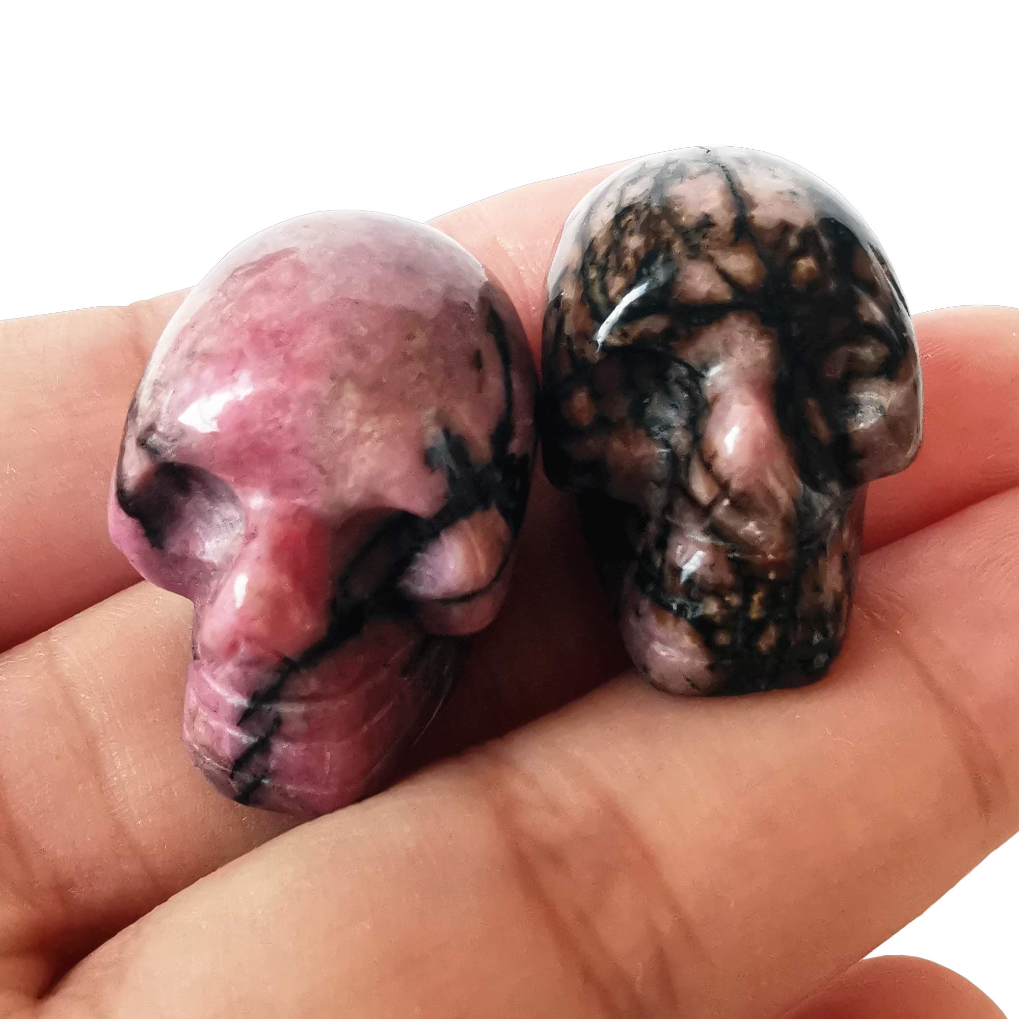 Manekieko 2 Pcs Natural Rhodonite Mini Crystal Human Skull Figurines,25mm Handcarved Crystals and Healing Stone Room Decor Gemstone