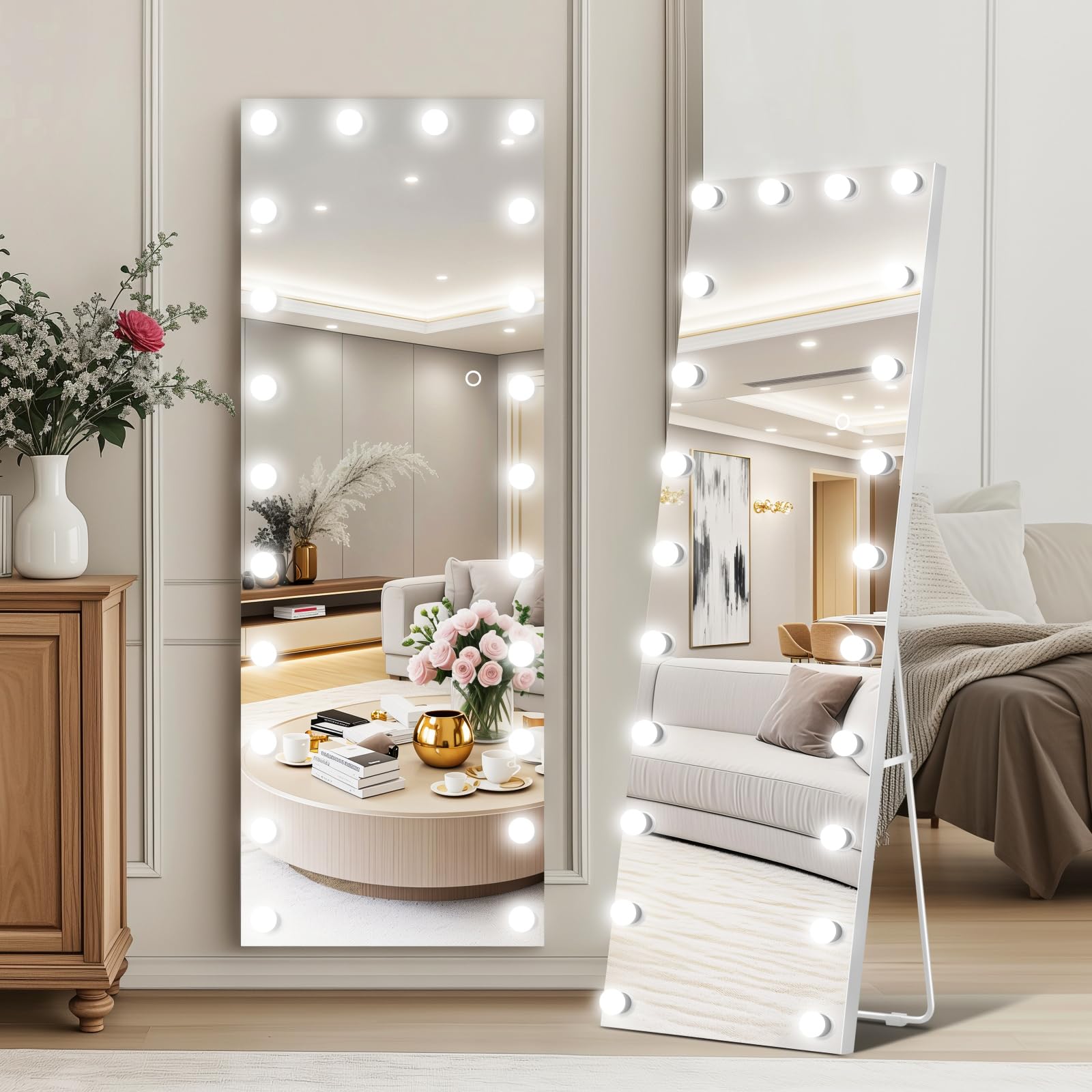 Kosmonia 58x18 Hollywood Full Length Mirror with Light, 19 Dimmable Bulbs & 3 Color Smart Touch Control, Distortion Free, Tempered Glass & Shatter Proof Film, Safe Full Body Mirrors with Stand