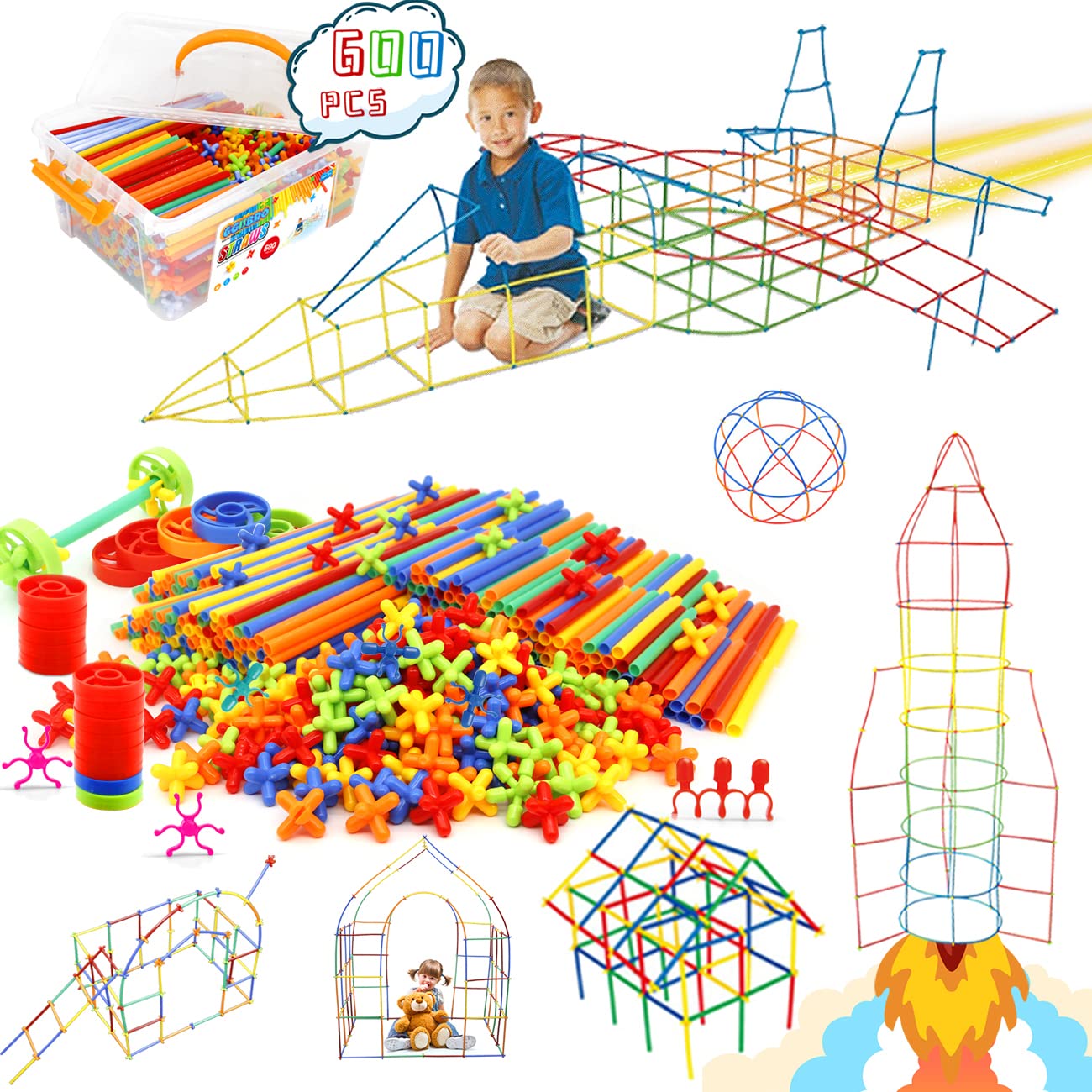 Straw Constructor Toys STEM Building 600Pcs Toy Interlocking Plastic Engineering Thin Tube Blocks Educational Kit for 3 4 5 6 7years Kids Boys and Girls Gift