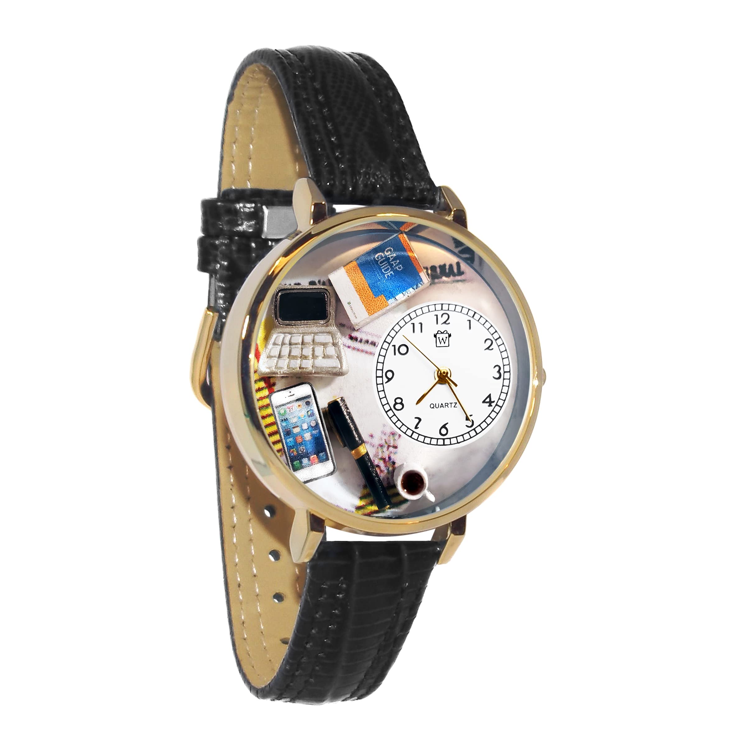 Whimsical Watches Accountant Black Padded Leather and Goldtone Unisex Quartz Watch with White Dial Analogue Display and Multicolour Leather Strap G-0610005
