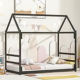 kuurfuurdo Twin House Bed for Kids with House Roof Canopy, Montessori Floor Bed Frame Metal Platform Tent Bed for Bedroom Pla