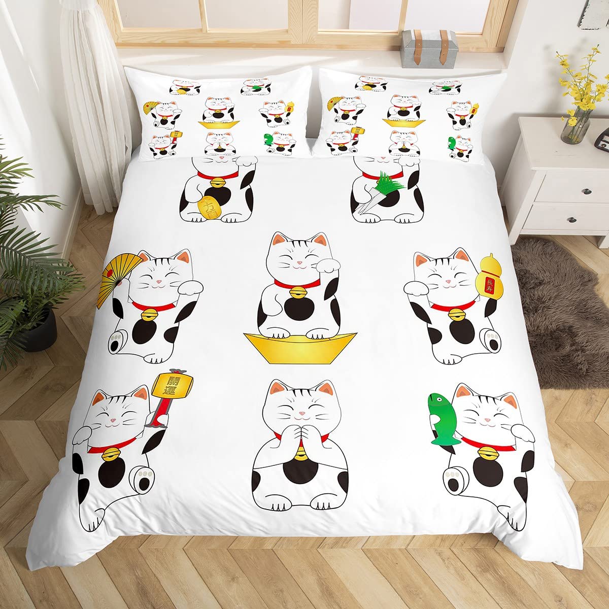 Japanese Lucky Cat Duvet Cover Kawaii Cats Bedding Set for Kids Boys Girls Room Exotic Style Black White Kitten Comforter Cover Set Japanese Bedspread Cover 2Pcs Zipper Single Size