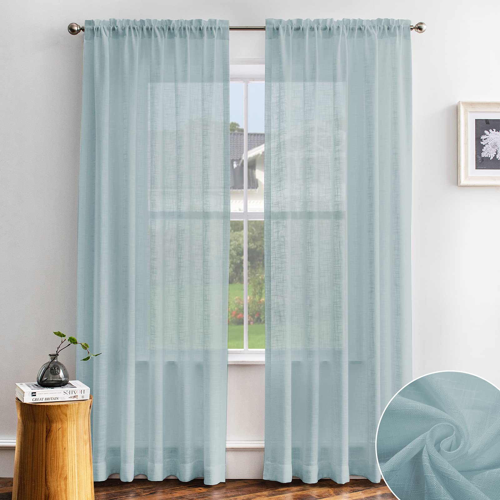 Melodieux Aqua Linen Textured Semi Sheer Curtains 63 Inch Length for Bedroom Living Room Natural Flax Linen Rod Pocket Voile Drapes, 52 by 63 Inch (2 Panels)